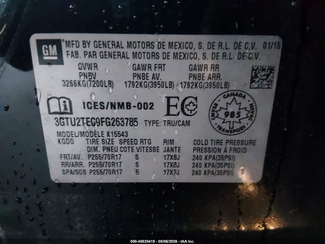 Продажа на аукционе авто 2015 Gmc Sierra 1500, vin: 3GTU2TEC9FG263785, номер лота: 45820419