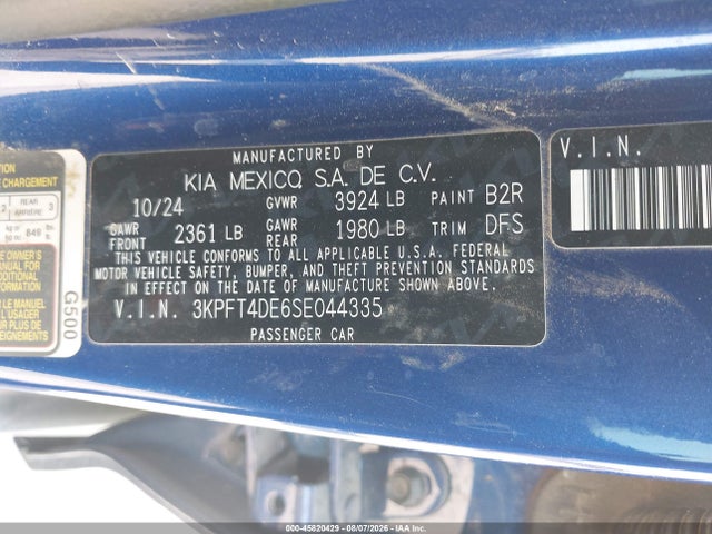 2025 Kia K4 Lxs მანქანა იყიდება აუქციონზე, vin: 3KPFT4DE6SE044335, აუქციონის ნომერი: 45820429