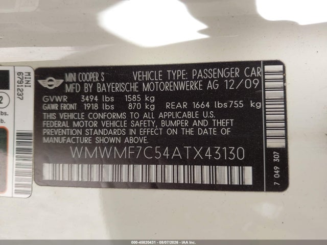 2010 Mini Cooper S მანქანა იყიდება აუქციონზე, vin: WMWMF7C54ATX43130, აუქციონის ნომერი: 45820431