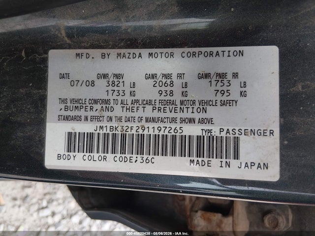 45820438 :رقم المزاد ، JM1BK32F291197265 vin ، 2009 Mazda Mazda3 I مزاد بيع