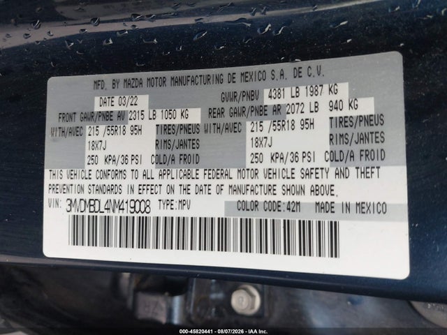 Aukcja sprzedaży 2022 Mazda Cx-30 Premium, vin: 3MVDMBDL4NM419008, numer aukcji: 45820441