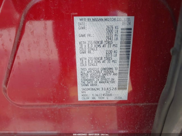 Продаж на аукціоні авто 2024 Nissan Pathfinder Sv Fwd, vin: 5N1DR3BA2RC314528, номер лоту: 45820452