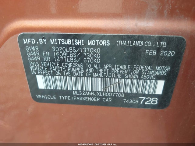 Aukcja sprzedaży 2020 Mitsubishi Mirage Le, vin: ML32A5HJXLH007708, numer aukcji: 45820460