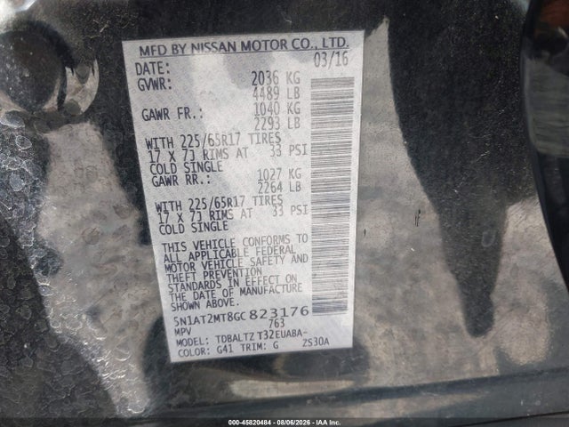 45820484 :رقم المزاد ، 5N1AT2MT8GC823176 vin ، 2016 Nissan Rogue Sv مزاد بيع
