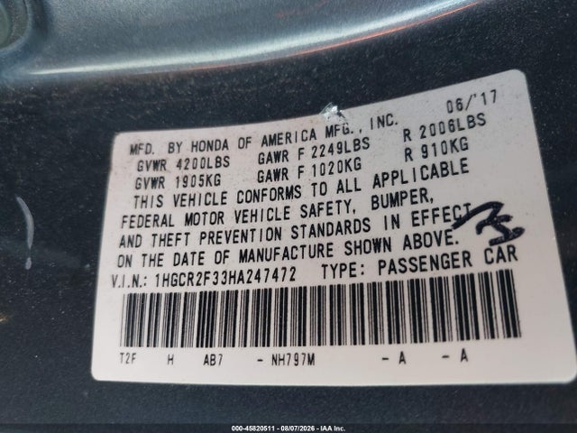 Honda ACCORD LX 2017 1HGCR2F33HA247472 Image 9