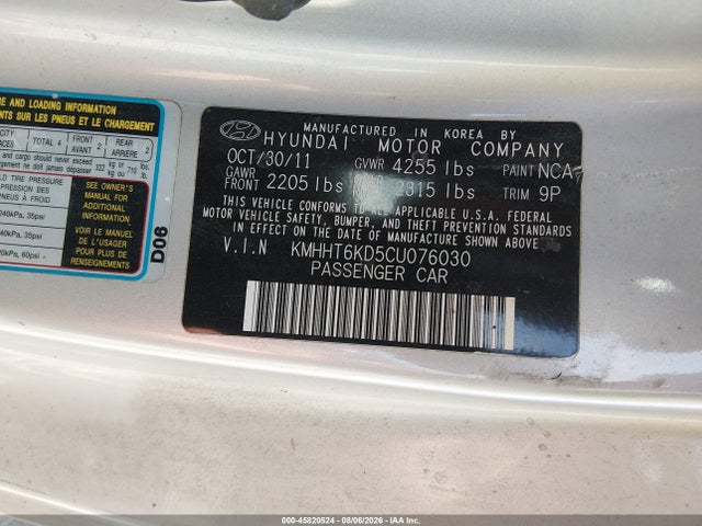 45820524 :رقم المزاد ، KMHHT6KD5CU076030 vin ، 2012 Hyundai Genesis 2.0t مزاد بيع