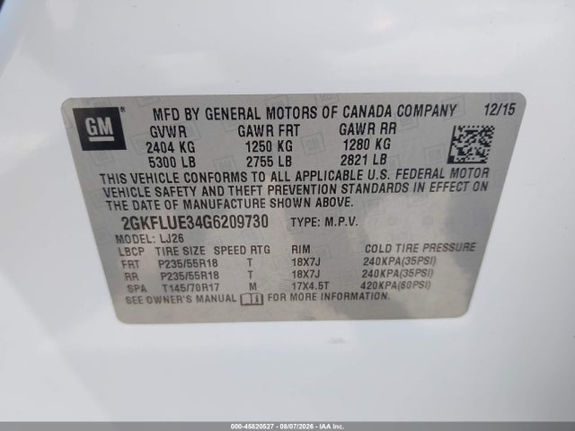 Aukcja sprzedaży 2016 Gmc Terrain Slt, vin: 2GKFLUE34G6209730, numer aukcji: 45820527