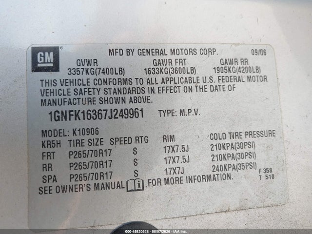 Продаж на аукціоні авто 2007 Chevrolet Suburban Lt, vin: 1GNFK16367J249961, номер лоту: 45820528