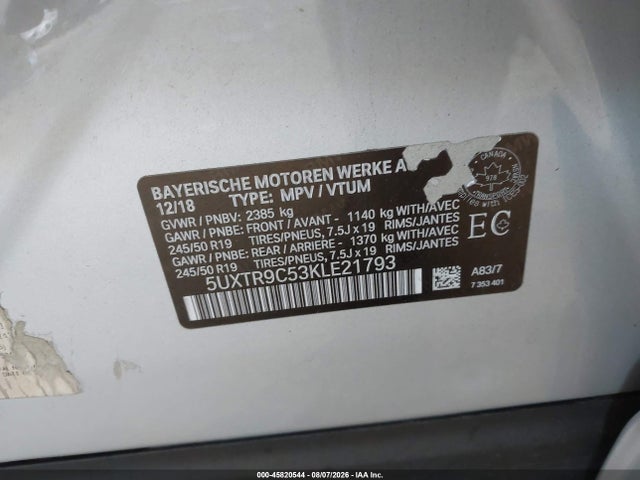 Продаж на аукціоні авто 2019 Bmw X3 Xdrive30i, vin: 5UXTR9C53KLE21793, номер лоту: 45820544