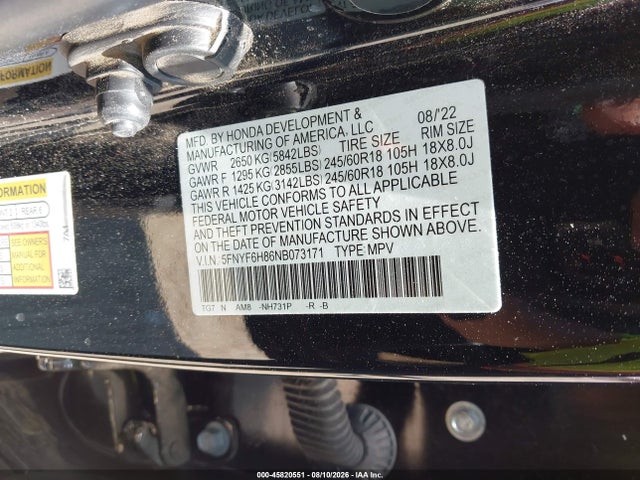 Aukcja sprzedaży 2022 Honda Pilot Awd Trailsport, vin: 5FNYF6H86NB073171, numer aukcji: 45820551