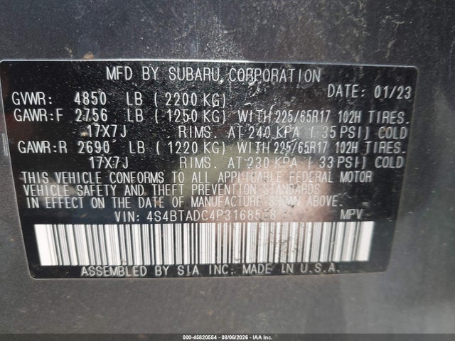 Продаж на аукціоні авто 2023 Subaru Outback Premium, vin: 4S4BTADC4P3168528, номер лоту: 45820554