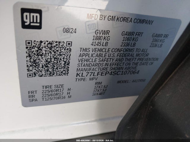 2025 Chevrolet Trax Fwd Ls მანქანა იყიდება აუქციონზე, vin: KL77LFEP4SC107064, აუქციონის ნომერი: 45820561