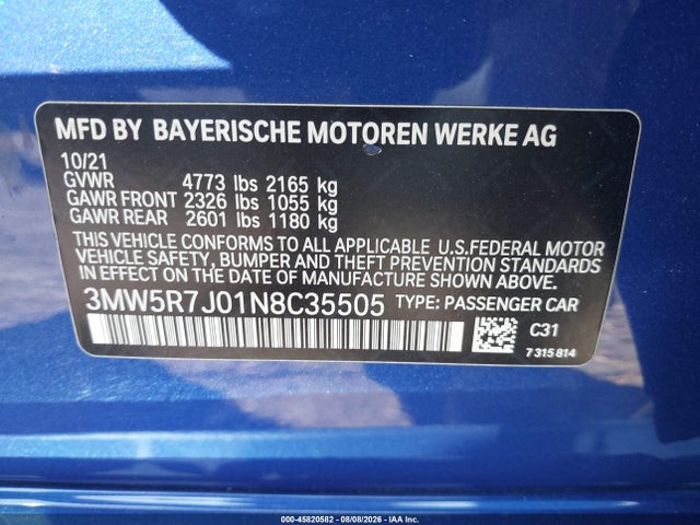 45820582 :رقم المزاد ، 3MW5R7J01N8C35505 vin ، 2022 Bmw 330i Xdrive مزاد بيع