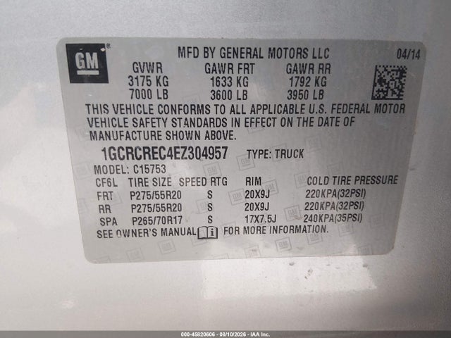 Продажа на аукционе авто 2014 Chevrolet Silverado 1500 Lt, vin: 1GCRCREC4EZ304957, номер лота: 45820606