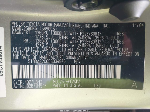 45820614 :رقم المزاد ، 5TDBA22C65S034876 vin ، 2005 Toyota Sienna Xle Limited مزاد بيع