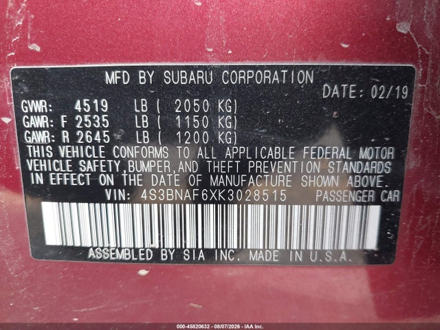 Продаж на аукціоні авто 2019 Subaru Legacy 2.5i Premium, vin: 4S3BNAF6XK3028515, номер лоту: 45820632