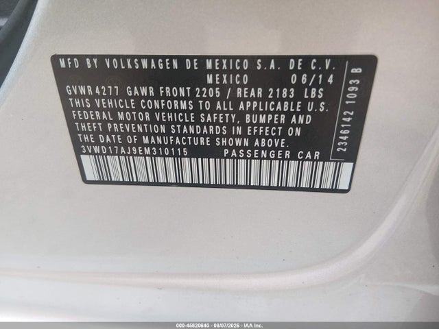 45820640 :رقم المزاد ، 3VWD17AJ9EM310115 vin ، 2014 Volkswagen Jetta 1.8t Se مزاد بيع