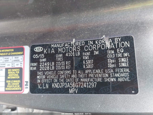 45820649 :رقم المزاد ، KNDJP3A56G7241297 vin ، 2016 Kia Soul + مزاد بيع