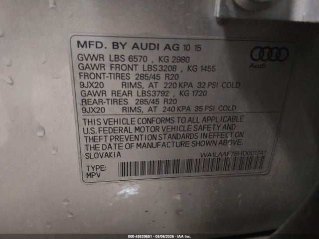 45820651 :رقم المزاد ، WA1LAAF78HD001741 vin ، 2017 Audi Q7 3.0t Premium مزاد بيع