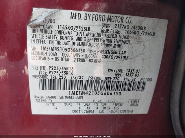 2005 Mercury Montego Premier მანქანა იყიდება აუქციონზე, vin: 1MEFM42105G606150, აუქციონის ნომერი: 45820657