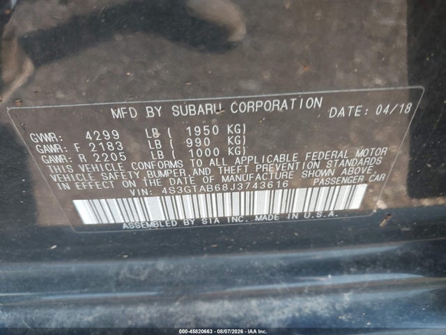 Продаж на аукціоні авто 2018 Subaru Impreza 2.0i Premium, vin: 4S3GTAB68J3743616, номер лоту: 45820663