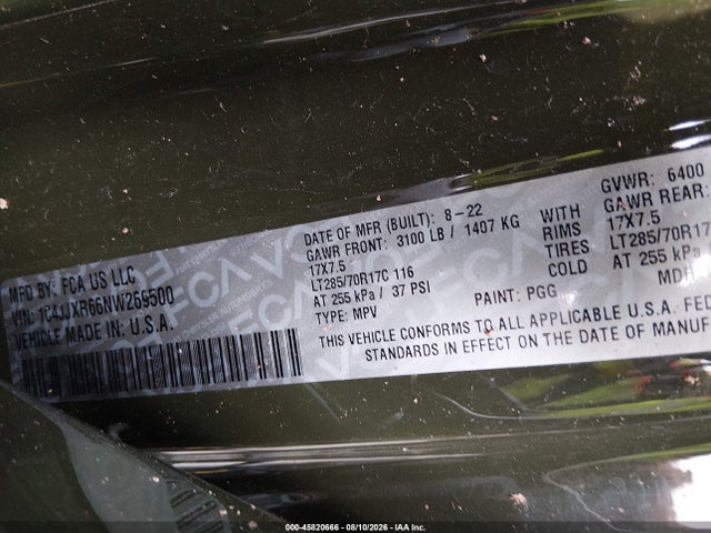 2022 Jeep Wrangler 4xe Unlimited Rubicon 4x4 მანქანა იყიდება აუქციონზე, vin: 1C4JJXR66NW269500, აუქციონის ნომერი: 45820666