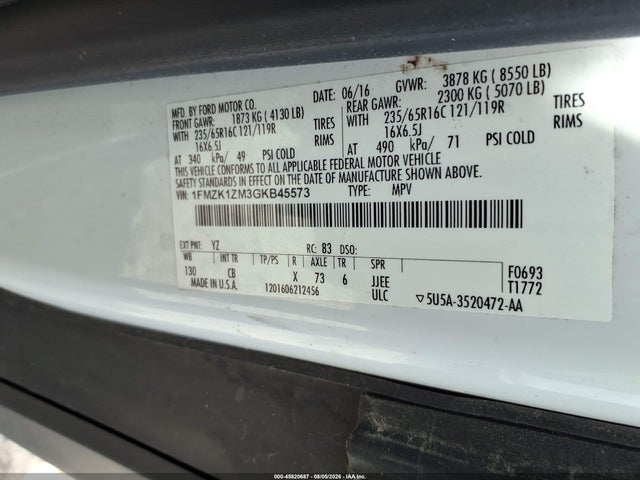 2016 Ford Transit-150 Xl მანქანა იყიდება აუქციონზე, vin: 1FMZK1ZM3GKB45573, აუქციონის ნომერი: 45820687