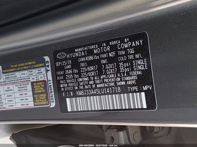 45820695 :رقم المزاد ، KM8J33A45LU141718 vin ، 2020 Hyundai Tucson Value مزاد بيع