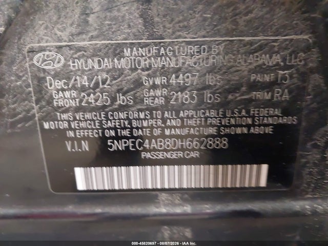 Продажа на аукционе авто 2013 Hyundai Sonata Limited 2.0t, vin: 5NPEC4AB8DH662888, номер лота: 45820697