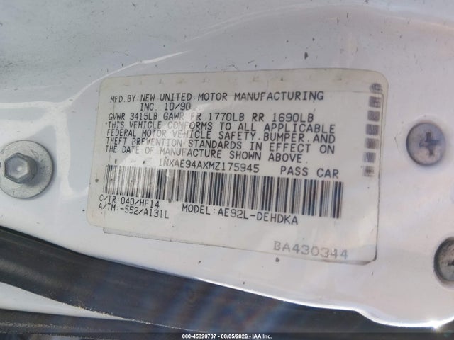Продаж на аукціоні авто 1991 Toyota Corolla Dlx, vin: 1NXAE94AXMZ175945, номер лоту: 45820707