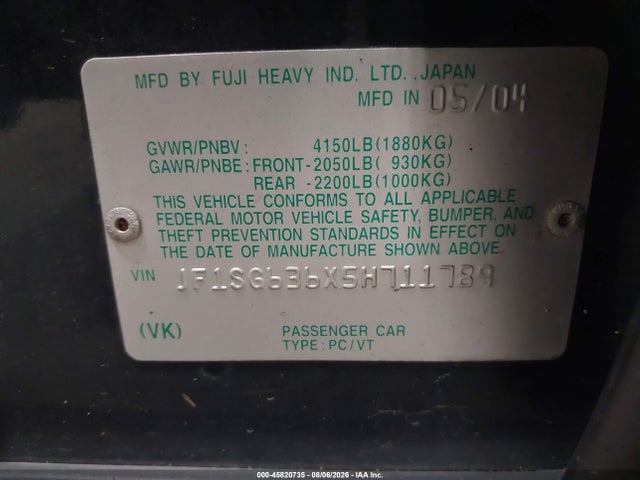 2005 Subaru Forester 2.5x მანქანა იყიდება აუქციონზე, vin: JF1SG636X5H711789, აუქციონის ნომერი: 45820735