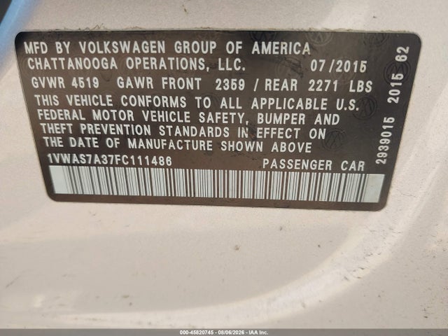 45820745 :رقم المزاد ، 1VWAS7A37FC111486 vin ، 2015 Volkswagen Passat 1.8t Limited Edition مزاد بيع