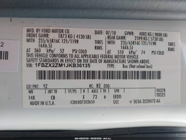 45820759 :رقم المزاد ، 1FBZX2ZM1JKB36135 vin ، 2018 Ford Transit-350 Xl مزاد بيع