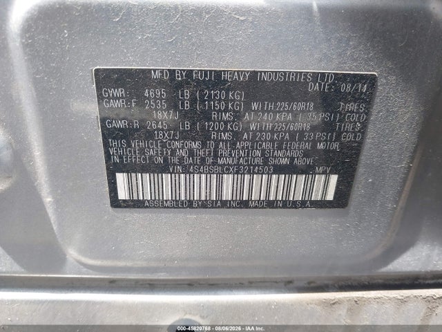 Subaru Outback 2.5i Limited 2015 4S4BSBLCXF3214503 Image 9