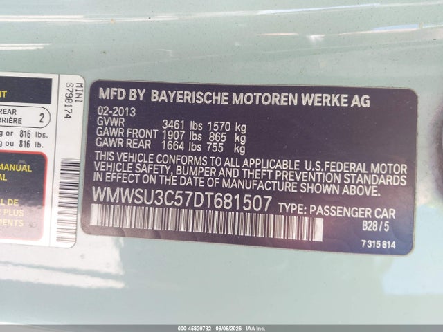 Aukcja sprzedaży 2013 Mini Hardtop Cooper, vin: WMWSU3C57DT681507, numer aukcji: 45820782