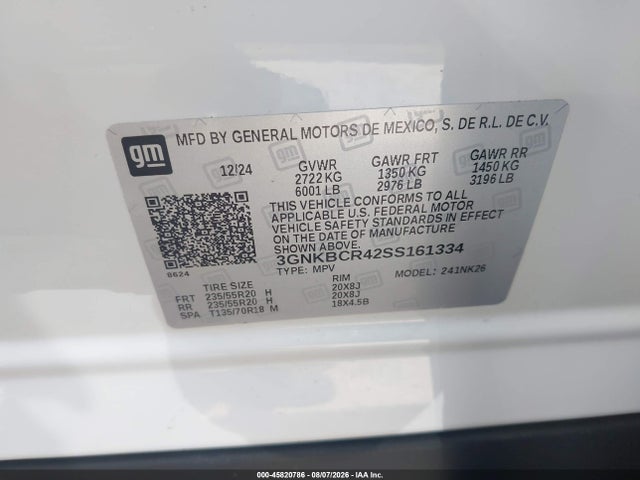 45820786 :رقم المزاد ، 3GNKBCR42SS161334 vin ، 2025 Chevrolet Blazer Fwd 2lt مزاد بيع