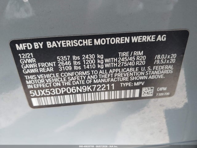 Aukcja sprzedaży 2022 Bmw X3 Xdrive30i, vin: 5UX53DP06N9K72211, numer aukcji: 45820789