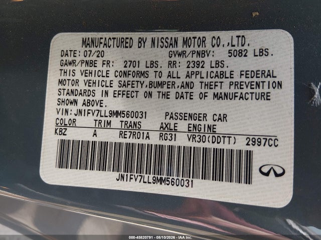 45820791 :رقم المزاد ، JN1FV7LL9MM560031 vin ، 2021 Infiniti Q60 Red Sport 400 Awd مزاد بيع