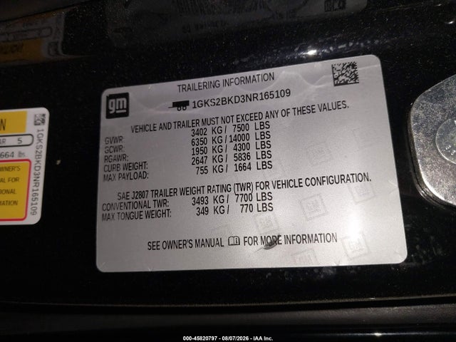 Продаж на аукціоні авто 2022 Gmc Yukon 4wd Slt, vin: 1GKS2BKD3NR165109, номер лоту: 45820797