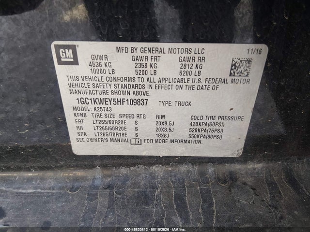 45820812 :رقم المزاد ، 1GC1KWEY5HF109837 vin ، 2017 Chevrolet Silverado 2500hd Ltz مزاد بيع
