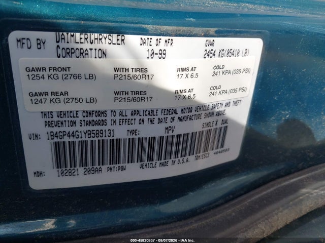 Продажа на аукционе авто 2000 Dodge Grand Caravan Se, vin: 1B4GP44G1YB589131, номер лота: 45820837