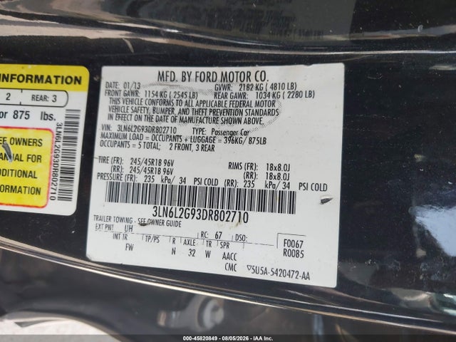 Продаж на аукціоні авто 2013 Lincoln Mkz, vin: 3LN6L2G93DR802710, номер лоту: 45820849