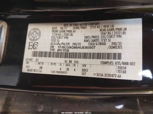Ford ESCAPE SE 2017 1FMCU9G96HUE80507 Image 9