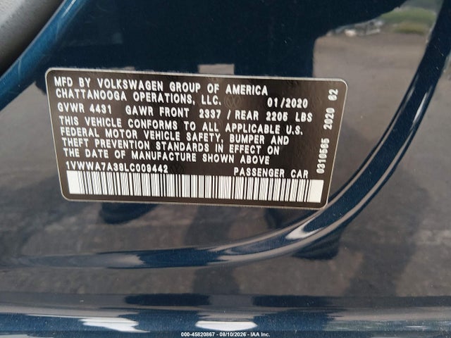 45820867 :رقم المزاد ، 1VWWA7A38LC009442 vin ، 2020 Volkswagen Passat 2.0t Se مزاد بيع