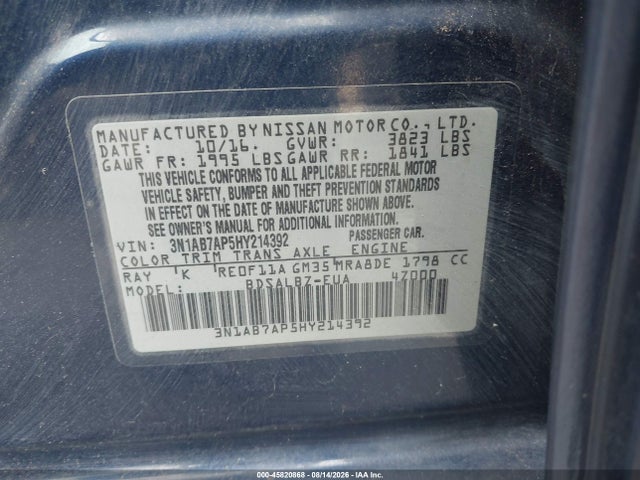 2017 Nissan Sentra S მანქანა იყიდება აუქციონზე, vin: 3N1AB7AP5HY214392, აუქციონის ნომერი: 45820868