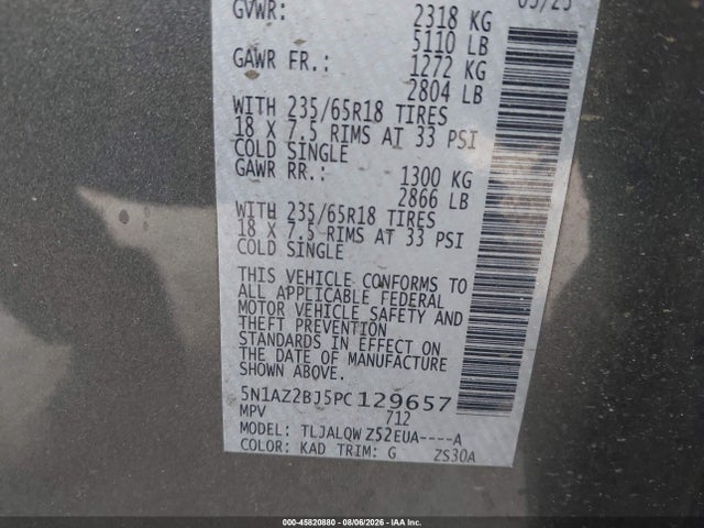 5N1AZ2BJ5PC129657 Nissan Murano Sv Fwd