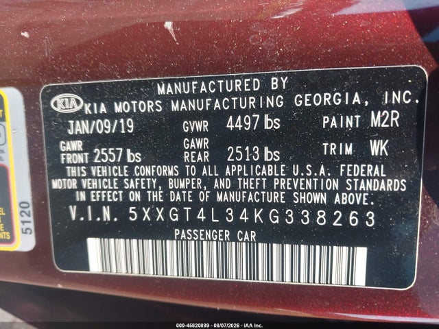 Продаж на аукціоні авто 2019 Kia Optima Lx, vin: 5XXGT4L34KG338263, номер лоту: 45820889