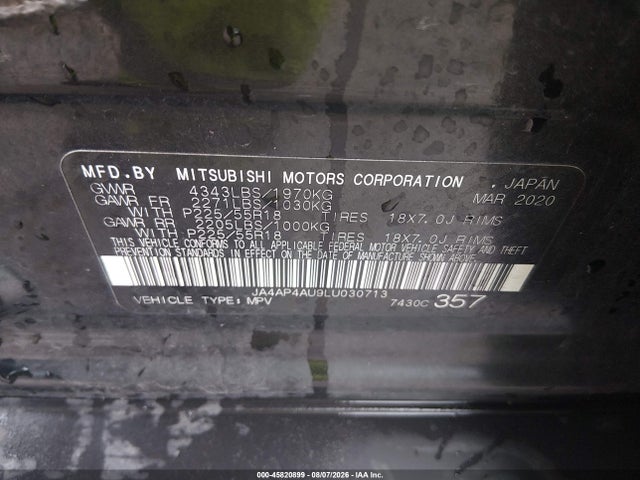 2020 Mitsubishi Outlander Sport 2.0 Se მანქანა იყიდება აუქციონზე, vin: JA4AP4AU9LU030713, აუქციონის ნომერი: 45820899