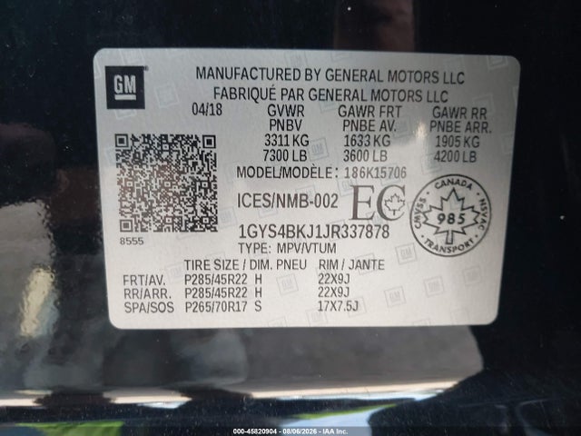 Aukcja sprzedaży 2018 Cadillac Escalade Luxury, vin: 1GYS4BKJ1JR337878, numer aukcji: 45820904