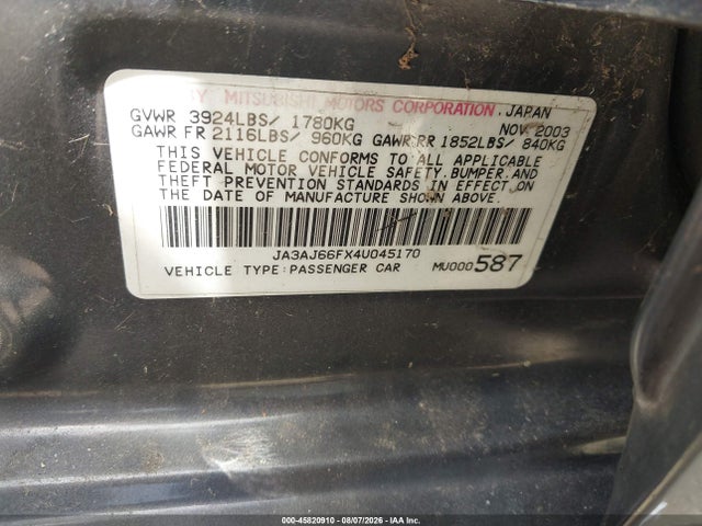 Aukcja sprzedaży 2004 Mitsubishi Lancer Ralliart, vin: JA3AJ66FX4U045170, numer aukcji: 45820910